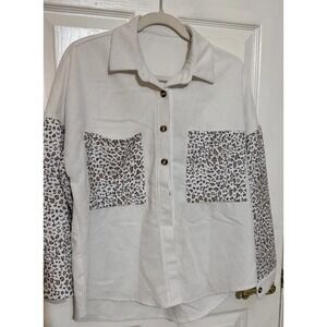 Womens Shirt Jacket Shein S‎ White With Animal Print Sleeves And Pockets
